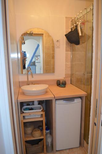 une salle de bain avec un lavabo et un miroir dans l'établissement Coquette Maisonnette Centre Ville La Londe Les Maures, à La Londe-les-Maures