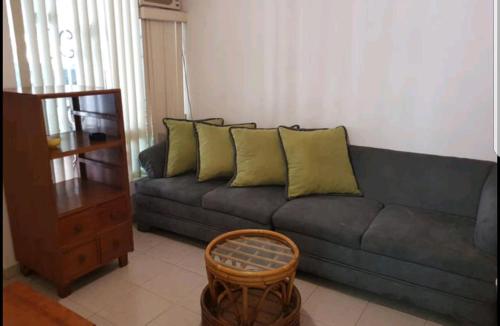 a living room with a gray couch with yellow pillows at Contry La Silla Apartments zona tec - Nuevo Sur in Monterrey