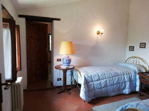 a bedroom with a bed and a lamp on a table at IL Fienile nella Roccia in Casole dʼElsa