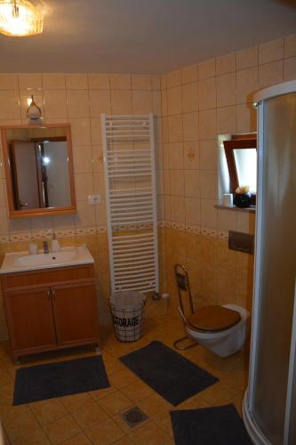 a bathroom with a toilet and a sink at Grandma's House in Bled