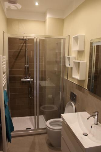 une salle de bain avec une douche, des toilettes et un lavabo dans l'établissement Charming apartment in the heart of Cannes, à Cannes