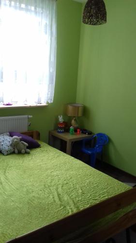 ビャウィストクにあるAntoniukowska-apartamentのベッドルーム1室(ベッド1台、窓のあるテーブル付)
