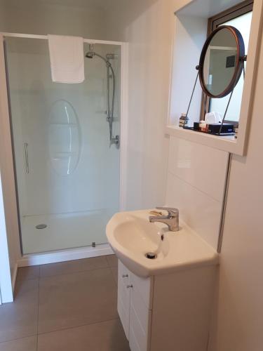 a bathroom with a sink and a shower at Murchison View Studio in Te Anau