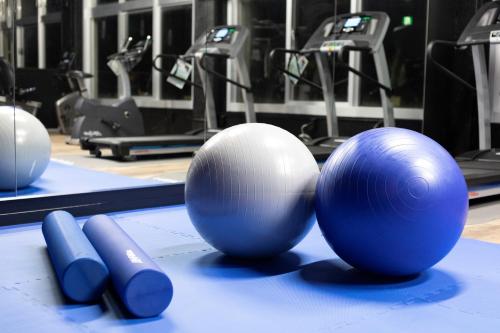 a gym with blue and white balls on a table at EN RESORT Kumejima EEF Beach Hotel in Kumejima