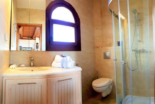 uma casa de banho com um lavatório, um WC e um chuveiro em Iliatoras em Agia Pelagia