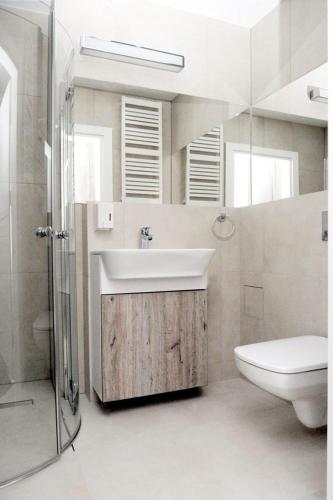 a bathroom with a sink and a toilet and a shower at Willa Cicho Sza in Pobierowo