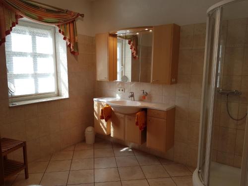 a bathroom with a sink and a shower at Ehrentaler Ferienhaus GbR in Schmalkalden