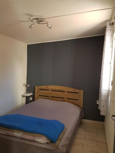 1 dormitorio con 1 cama con manta azul en Le Moutardier 2, en Cilaos