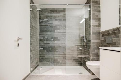 ein Bad mit einer Glasdusche und einem WC in der Unterkunft Apartment JungfrauCenter Schynige Platte - GriwaRent AG in Interlaken