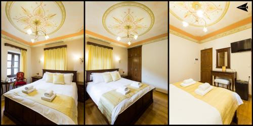 three pictures of a hotel room with two beds at Villa Paroraia in Tsepelovo
