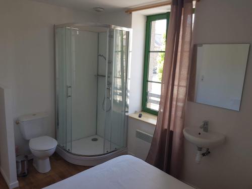 e bagno con doccia, servizi igienici e lavandino. di CHAMBRES / BEDROOM a Pleine-Fougères