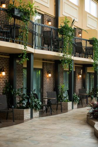 a courtyard of a building with chairs and balconies at Hotel L'Oiseliere Montmagny in Montmagny
