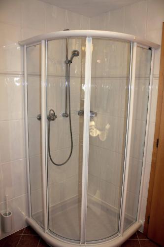 a shower with a glass enclosure in a bathroom at Chasa Vaidum in Samnaun