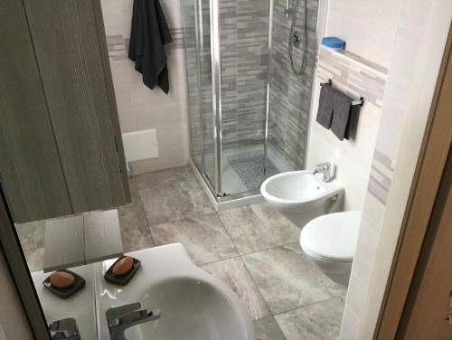 a bathroom with a shower and a sink and a toilet at Nel cuore dell'Ossola in Pallanzeno