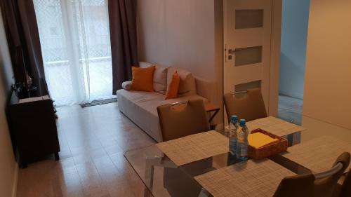 een woonkamer met een bank en een glazen tafel bij Apartament nad Odrą z tarasem in Wrocław