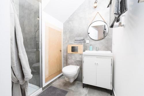 a bathroom with a toilet and a sink and a mirror at Rodzinna Przystan in Uście