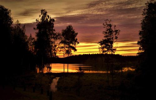 a sunset over a body of water with trees at Ängbacka in Rejmyre
