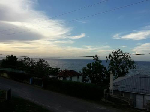 a view of the ocean from a hill with a house at Tina's Guest House in Ocho Rios