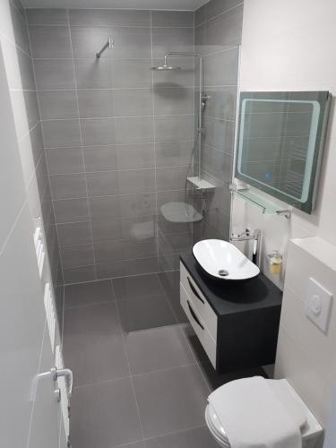 a bathroom with a toilet and a sink and a shower at Apartmani Marija in Baška Voda