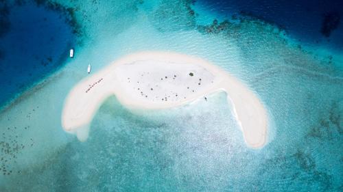 an aerial view of an island in the ocean at Sunrise Beach in Maafushi