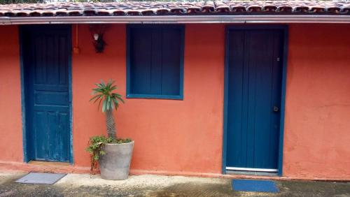 a house with blue doors and a palm tree in a pot at Pousada Fazenda Bocaina in Inhaúma