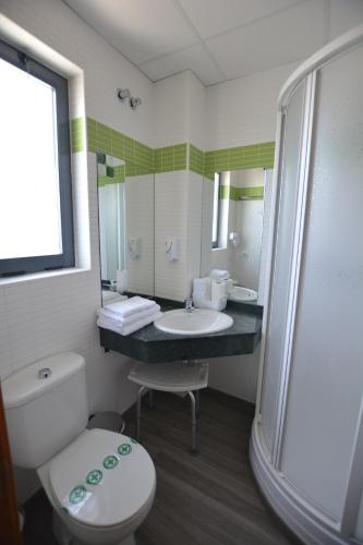 La salle de bains est pourvue de toilettes, d'un lavabo et d'une douche. dans l'établissement Hotel Vista al Sol, à Paterna