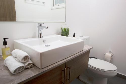 La salle de bains est pourvue d'un lavabo blanc et de toilettes. dans l'établissement Modern House Surrounded By Nature, à Mérida