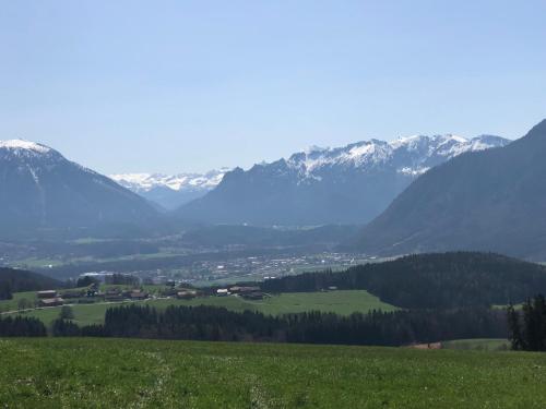 a view of a valley with snow covered mountains at Ferienwohnung Lisa in Piding