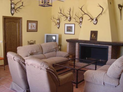 sala de estar con 2 sofás y chimenea en Cortijo Molino San Juan en Montoro