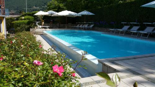 een zwembad met stoelen, parasols en roze bloemen bij Villa Kinzica in Sale Marasino