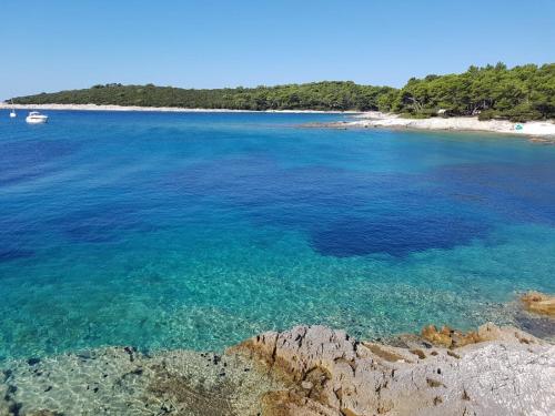 een uitzicht op een strand met een boot in het water bij Villa Lavanda in Čunski