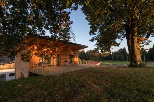 a house with a deck and a tree at Au Chant du Vent in Tramelan