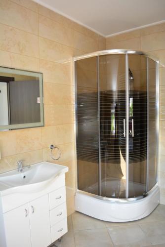 a bathroom with a shower with a sink and a mirror at Deltix Apartments in Vršac