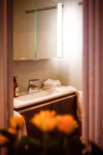 a bathroom with a sink and a mirror and a sink at B&B Ter Vesten in Ypres