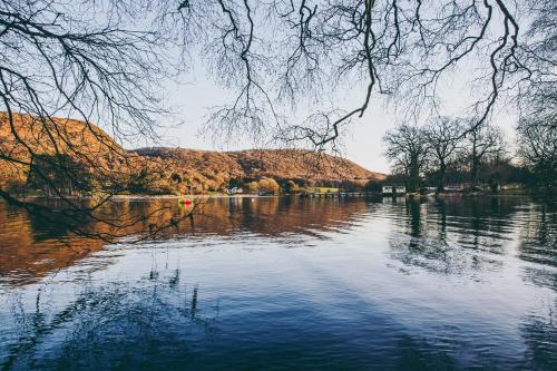 a view of a river with trees and a hill at Grizedale View in Coniston