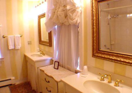 uma casa de banho com um lavatório, um chuveiro e um espelho. em Clarkeston Inn em Newport