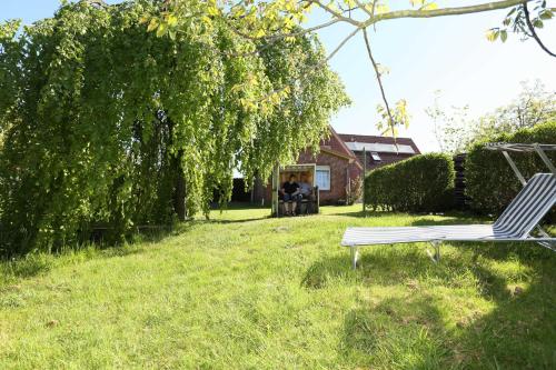 a bench sitting in the grass near a house at Ferienwohnung auf dem Bio Obsthof in Twielenfleth