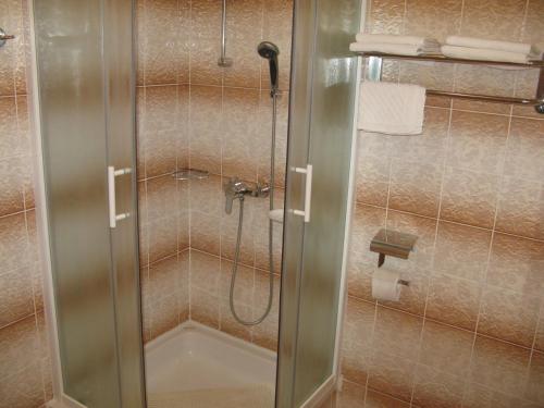 a shower with a glass door in a bathroom at Apartments and Rooms Lanča in Rab