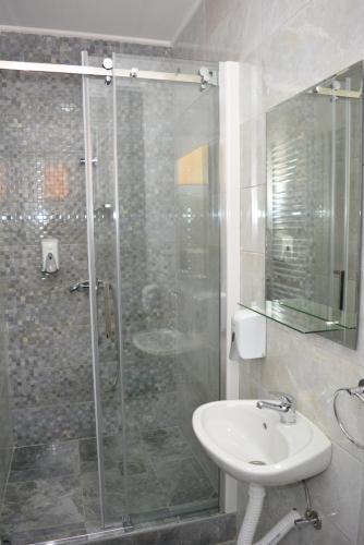 a bathroom with a glass shower and a sink at Deltix Apartments in Vršac