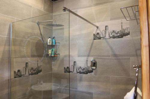 una ducha con una puerta de cristal con estatuillas. en Central Hotel Guest House en Simonʼs Town