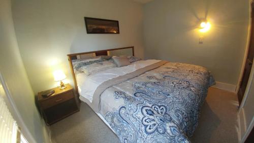 a bedroom with a bed with a blue and white comforter at Spacious Frontier Park Apartment in Erie