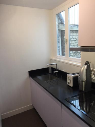 a kitchen with a sink and a window at Paddy's Place in Lille