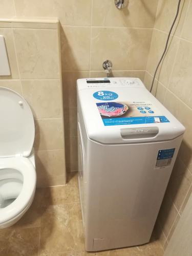 a toilet in a bathroom with a box on top at Apartment Sea&Sky in Tivat