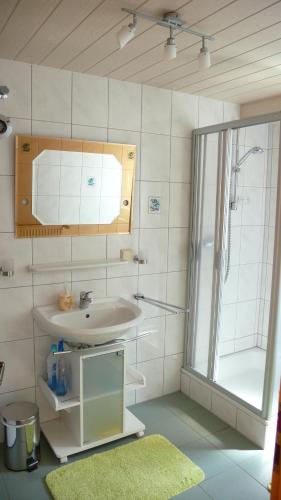 een badkamer met een wastafel, een spiegel en een douche bij Ferienwohnung Gisela in Bausendorf