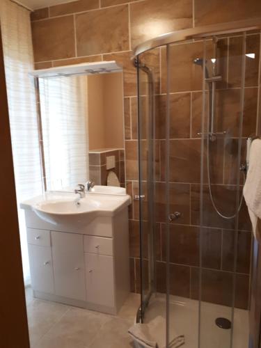 a bathroom with a sink and a shower at Hotel Restaurant Denis in Zemmer