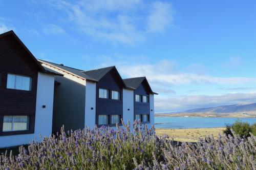 a row of houses on a hill with purple flowers at Edenia Hotel & Nature in El Calafate