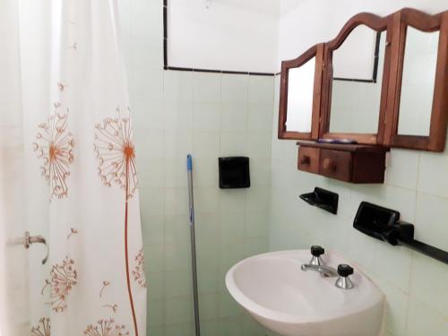 uma casa de banho com um lavatório, um espelho e um chuveiro em Aimara apartamentos y habitaciones em Santa Rosa de Calamuchita