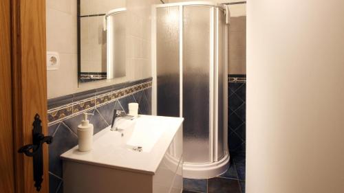 a bathroom with a sink and a shower at Casa Rural LA COVA in Suano