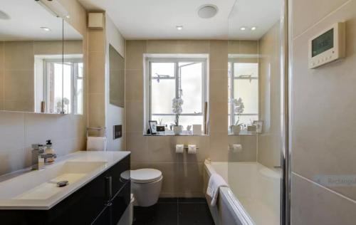 a bathroom with a sink and a toilet and a shower at Double room in Marylebone in London