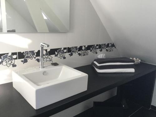 La salle de bains est pourvue d'un lavabo blanc et d'un comptoir noir. dans l'établissement Chambres d'Hotes au Pays de Valencay en Berry, à Valençay